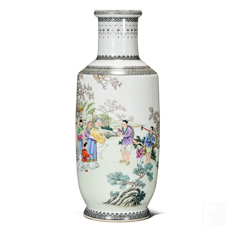 近现代 粉彩桃园问津棒槌瓶